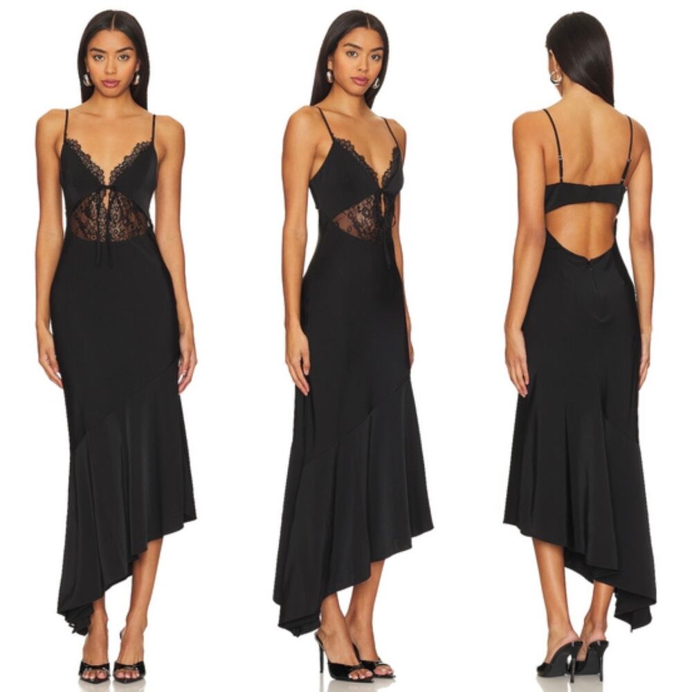 NBD | Brigitta Midi Dress in Black Satin Lace Asymmetrical Slip Dress S
